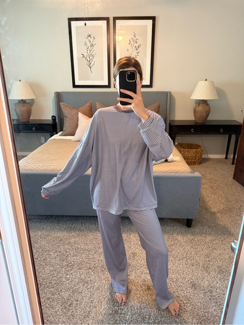 Women's Striped Long-Sleeve Lounge Pajama Set - Gray/White